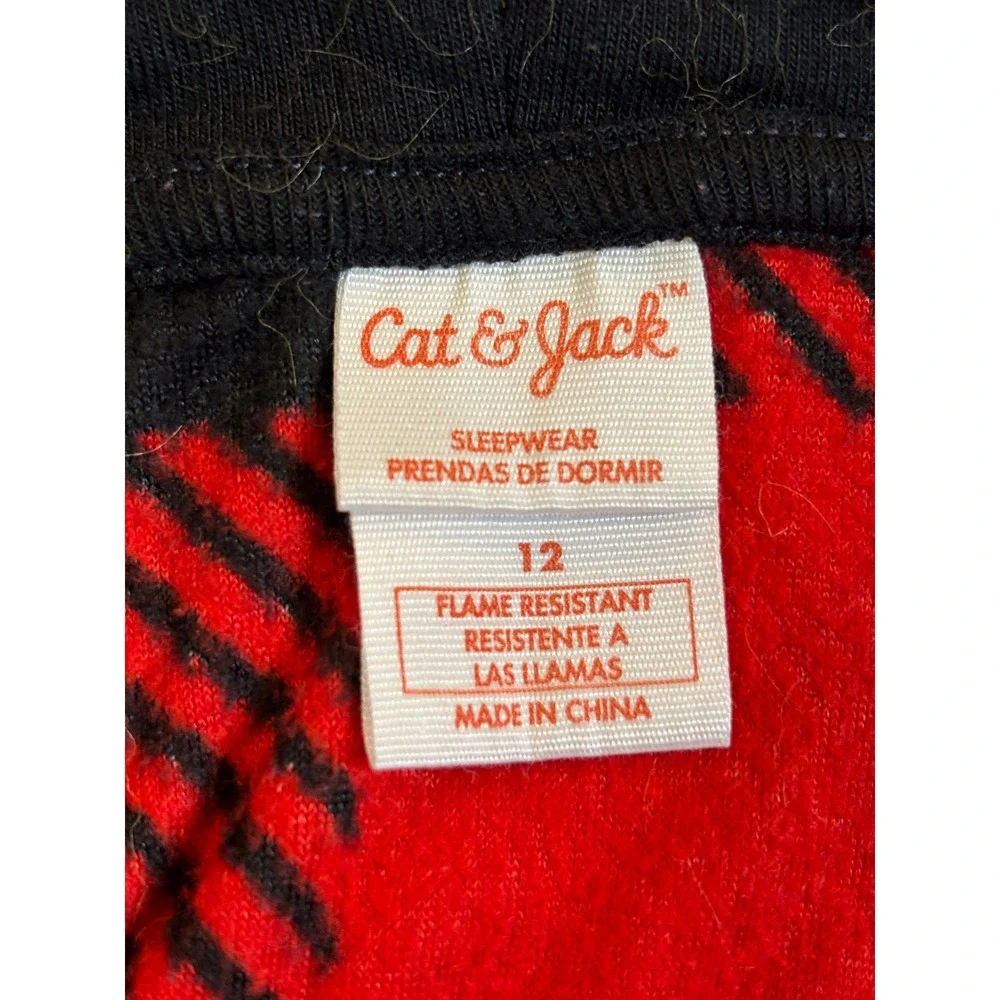 Cat & Jack Boys Red Black Buffalo Plaid Fleece Hooded‎ One Piece Pajamas Size 12